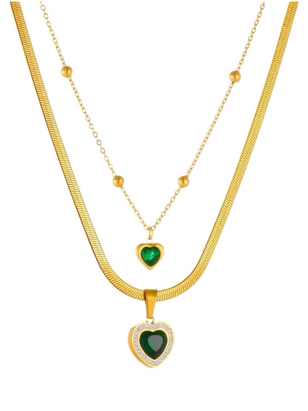 Emerald Green Layered Heart 18K Gold Plated Pendant Stainless Steel Necklace